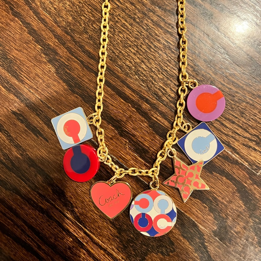 Coach gold blue pink charm necklace